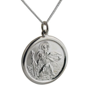 Silver 26mm round solid St Christopher Pendant with a 1.3mm wide curb Chain 24 inches