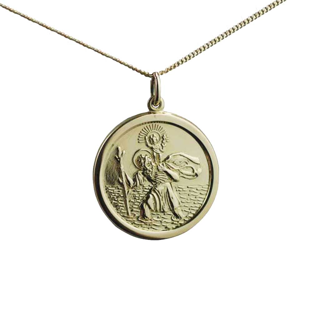 18ct Gold 26mm round solid St Christopher Pendant with a 1mm wide curb Chain