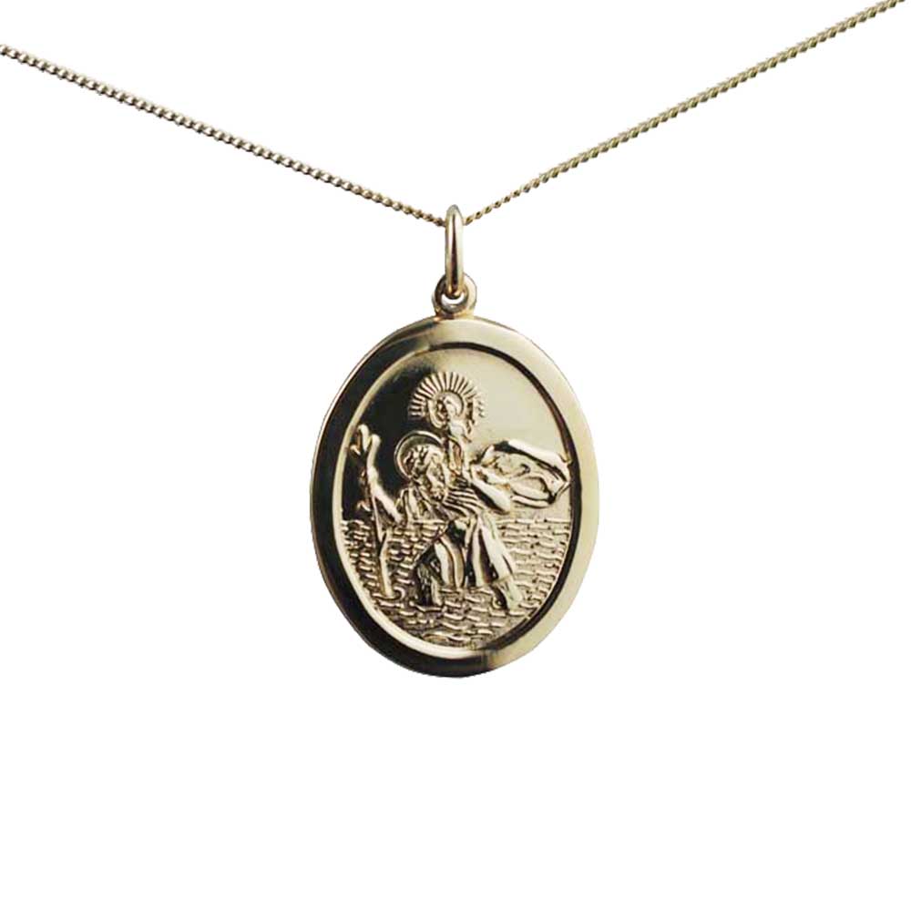18ct Gold 30x21mm oval plain St Christopher Pendant with a 1mm wide curb Chain 18 inches