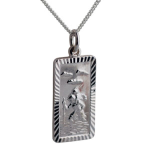 Silver 26x13mm rectangular diamond cut edge St Christopher Pendant with a 1.3mm wide curb Chain