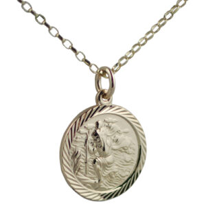 9ct Gold 20mm round diamond cut edge St Christopher Pendant with a 1.4mm wide belcher Chain 24 inches