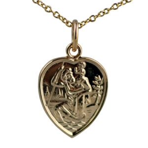 9ct Gold 15x13mm heart St Christopher Pendant with a 1.1mm wide cable Chain