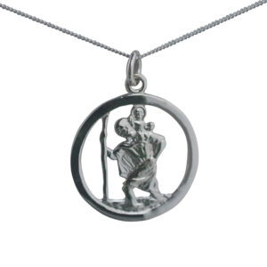 9ct White Gold 25mm round pierced St Christopher Pendant with a 1mm wide curb Chain