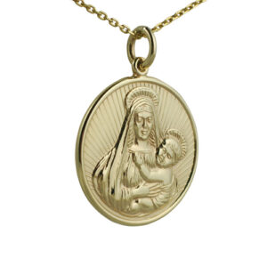9ct Gold 23mm round Madonna and Child Pendant with a 1.2mm wide cable Chain 16 inches Only Suitable for Children
