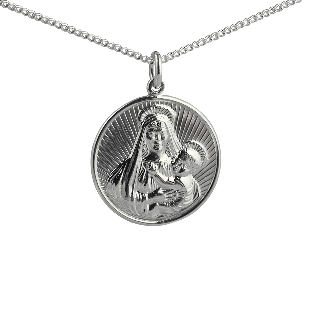 Sliver 23mm round Madonna and Child Pendant with a 1.3mm wide curb Chain 18 inches