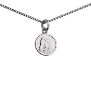 Silver 13mm round Our Lady of Sorrows Pendant with a 1.3mm wide curb Chain