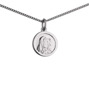 Silver 14mm round Our Lady of Sorrows Pendant with a 1.3mm wide curb Chain
