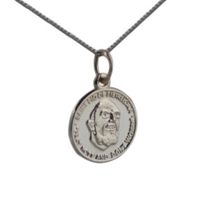 9ct White Gold 14mm round St Padre Pio Pendant with a 1mm wide curb Chain