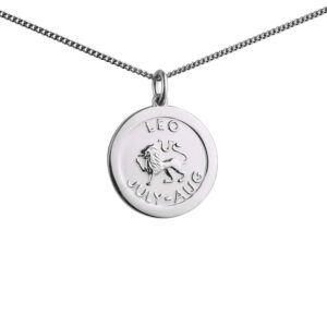 Silver 22mm round Leo Zodiac Disc Pendant with a 1.3mm wide curb Chain
