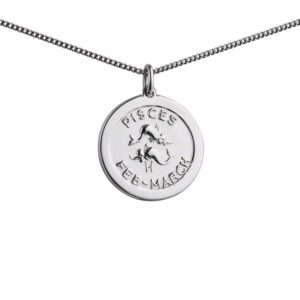 Silver 22mm round Pisces Zodiac Disc Pendant with a 1.3mm wide curb Chain