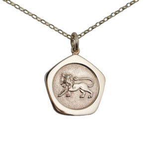 9ct Gold 21mm five sided pentagon Leo Zodiac Pendant with a 1.4mm wide belcher Chain