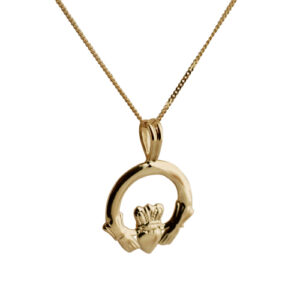 9ct Gold 20x15mm plain Claddagh Pendant with a 0.6mm wide curb Chain