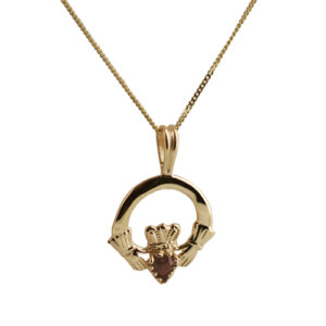 9ct Gold 20x15mm garnet set Claddagh Pendant with a 0.6mm wide curb Chain