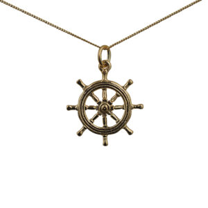 9ct Gold 21mm Ship's Wheel Pendant with a 0.6mm wide curb Chain
