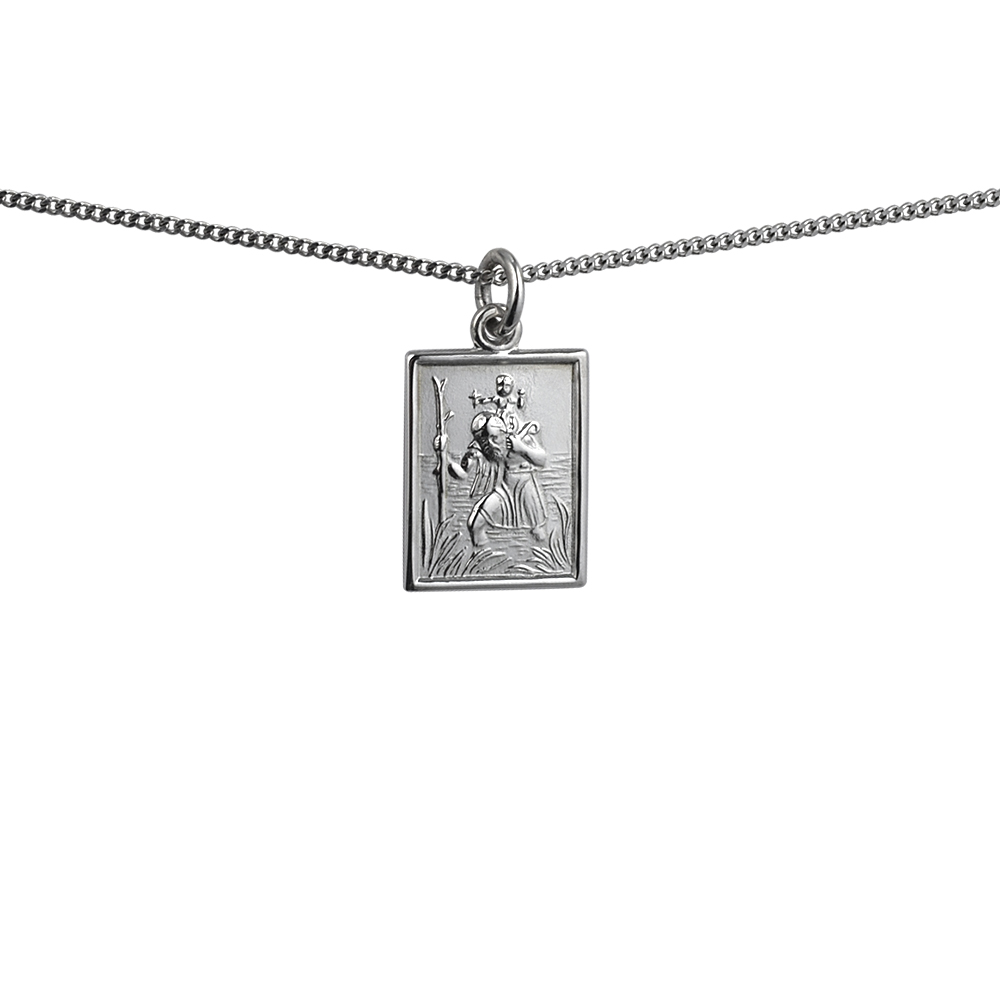 Silver 19x14mm rectangular St Christopher Pendant with a 1.3mm wide curb Chain 20 inches