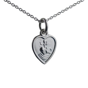 Silver 12x11mm heart St Christopher Pendant with a 1mm wide rolo Chain