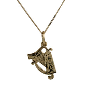 9ct Gold 15x11mm Harp Pendant with a 0.6mm wide curb Chain