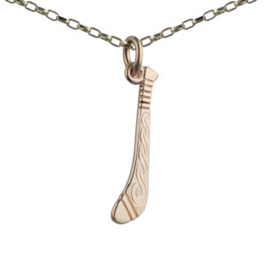 9ct Gold 28x6mm hand engraved Hurley Stick Pendant with a 1.4mm wide belcher Chain