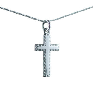 9ct White Gold 25x15mm plain with embossed border Cross on a 1mm wide curb Chain