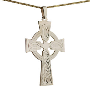 9ct Gold 50x36mm hand engraved knot pattern Celtic Cross on a bail loop with a 1.8mm wide curb Chain