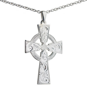 Silver 50x36mm hand engraved Celtic Cross on a bail loop with a 2.5mm wide cable Chain