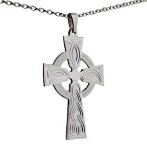 Silver 50x36mm hand engraved knot pattern Celtic Cross on a bail loop with a 2.5mm wide cable Chain