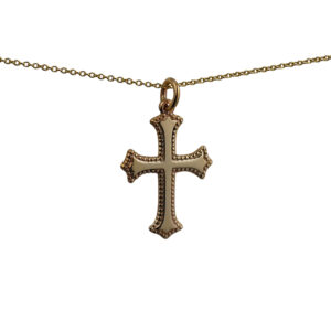 9ct Gold 26x19mm plain with embossed border Cross with a 1.1 wide cable Chain