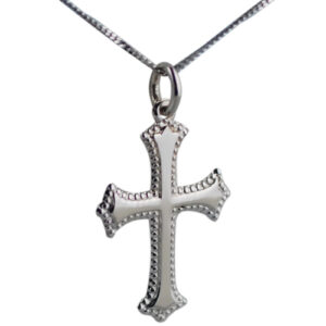 9ct White Gold 26x19mm plain with embossed border Cross with a 1mm wide curb Chain