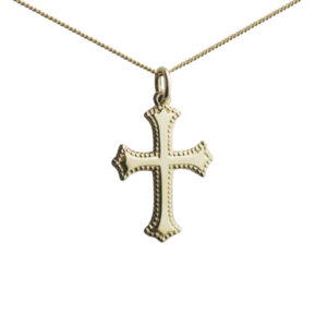 18ct Gold 26x19mm plain Cross with an embossed border on a 1mm wide curb Chain