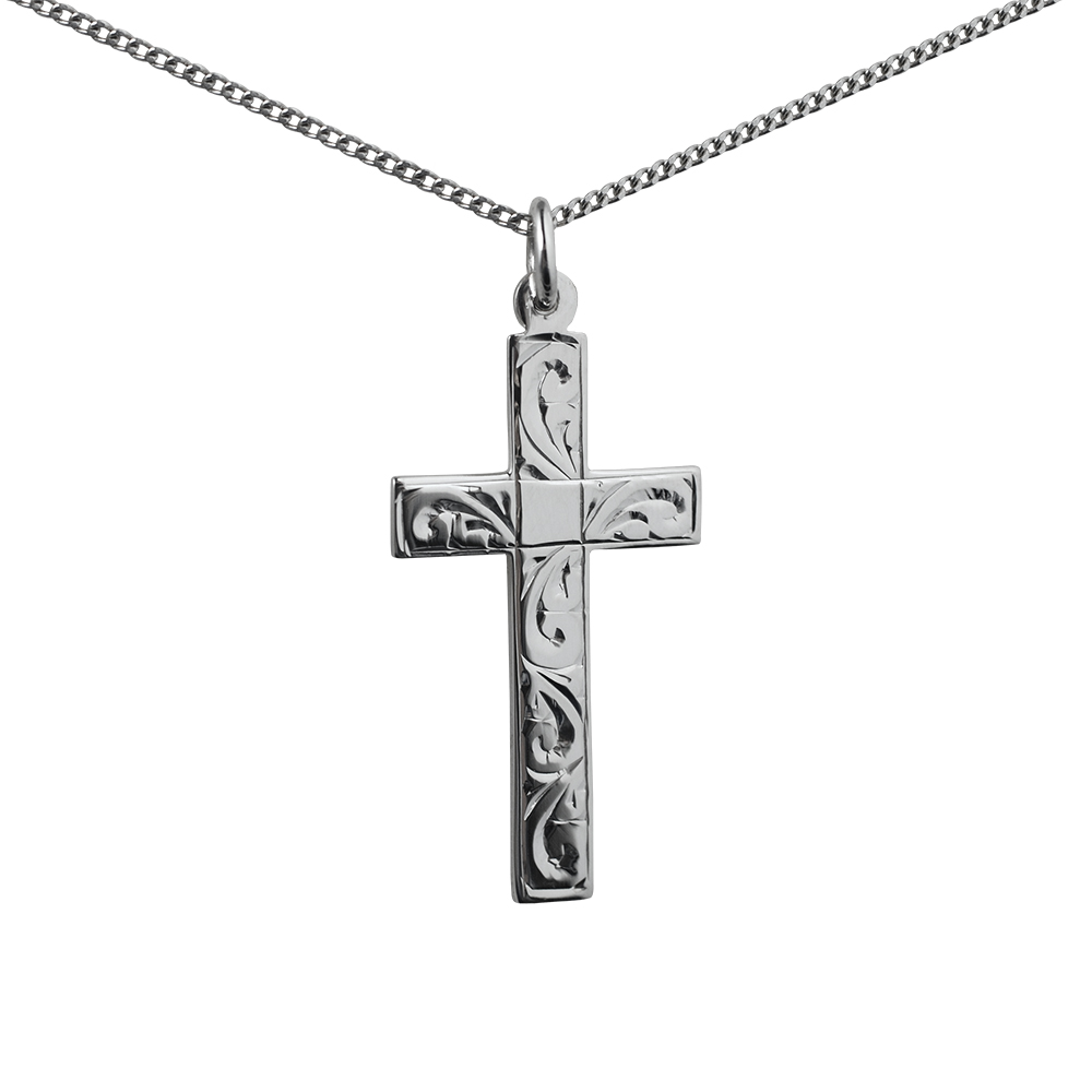 Silver 34x19mm hand engraved flat latin Cross with a 1.3mm wide curb Chain 22 inches