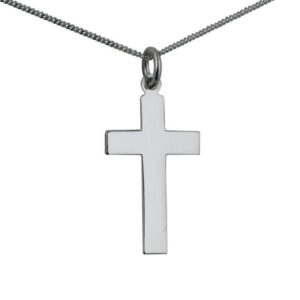 9ct White Gold 24x14mm plain flat latin Cross with a 1mm wide curb Chain