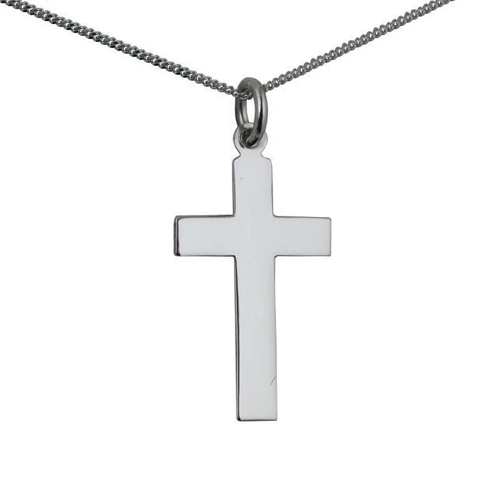 9ct White Gold 24x14mm plain flat latin Cross with a 1mm wide curb Chain 16 inches Only Suitable for Children
