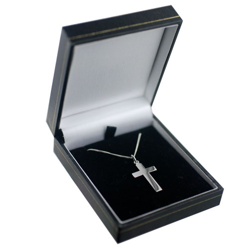 9ct White Gold 24x14mm plain flat latin Cross with a 1mm wide curb Chain 16 inches Only Suitable for Children - Image 2