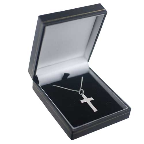 9ct White Gold 24x14mm plain flat latin Cross with a 1mm wide curb Chain 16 inches Only Suitable for Children - Image 3