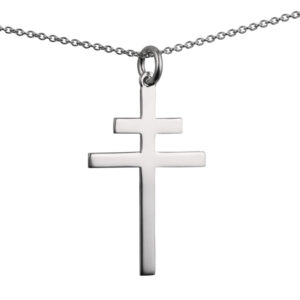 Silver 32x21mm plain Cross of Lorraine with a 1mm wide rolo Chain