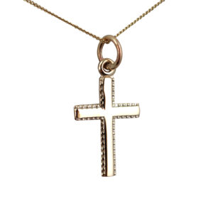 9ct Gold 17x11mm plain milled edge latin Cross with a 0.6mm wide curb Chain
