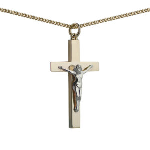 9ct Gold 40x25mm solid block Yellow Cross and White Crucifix with a 1.8mm wide curb Chain