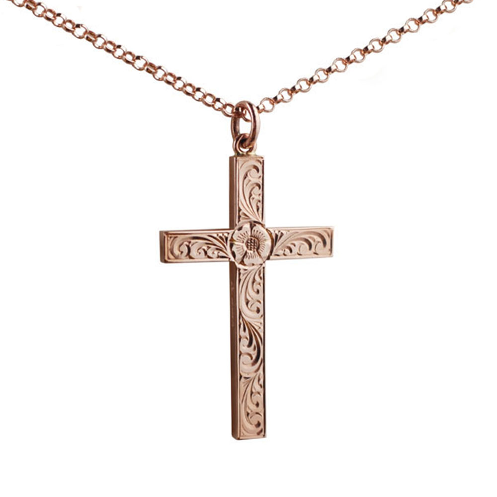 9ct Rose Gold 40x25mm victorian hand engraved solid block Cross with a 2.2mm wide belcher Chain 16 inches Only Suitable for Youths