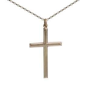 9ct Gold 45x29mm engine turned line border flat latin Cross with a 1.4mm wide belcher Chain