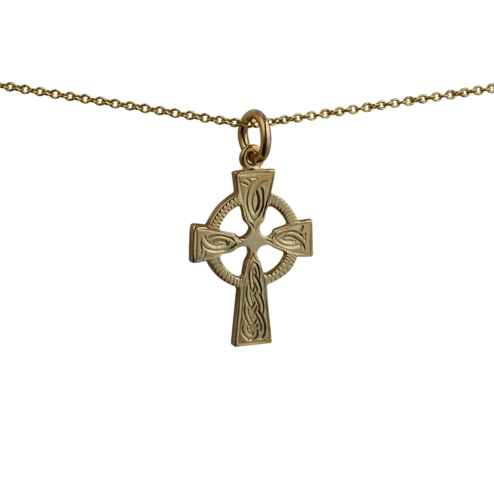 9ct Gold 23x16mm hand engraved knot pattern Celtic Cross with a 1.1 wide cable Chain 16 inches Only Suitable for Children