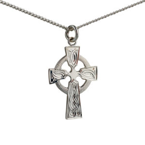 Silver 28x20mm hand engraved knot pattern Celtic Cross with a 1.3mm wide curb Chain
