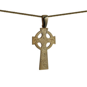 9ct Gold 45x20mm hand engraved Celtic Cross on a bail loop with a 1.1mm wide spiga Chain