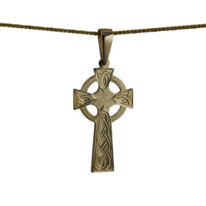 9ct Gold 45x20mm hand engraved knot pattern Celtic Cross on a bail loop with a 1.1mm wide spiga Chain
