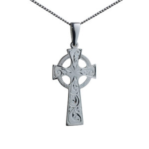 Silver 45x20mm hand engraved Celtic Cross on a bail loop with a curb Chain