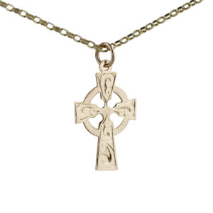 9ct Gold 23x16mm hand engraved Celtic Cross with a 1.4mm wide belcher Chain