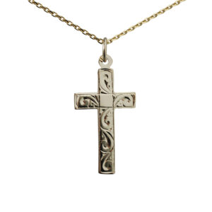 9ct Gold 24x14mm hand engraved flat latin Cross with a 1.2mm wide cable Chain 20 inches