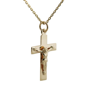 9ct Gold 24x14mm flat latin Crucifix Cross with a 1.2mm wide cable Chain 18 inches