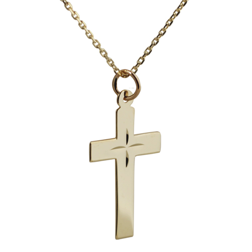 9ct Gold 24x14mm diamond cut star flat latin Cross with a 1.2mm wide cable Chain 16 inches Only Suitable for Children