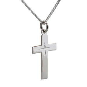 Silver 24x14mm diamond cut star flat latin Cross with a 1.3mm wide curb Chain 20 inches
