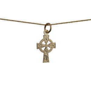 9ct Gold 16x11mm hand engraved Celtic Cross with a 0.6mm wide curb Chain